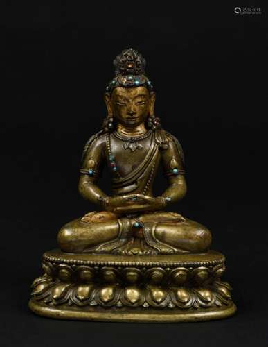 Bouddha Amythayus Bronze incrusté de turquoises et…