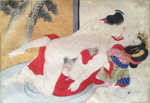 Shunga Japon XXe. Deux encres et couleurs sur papi…