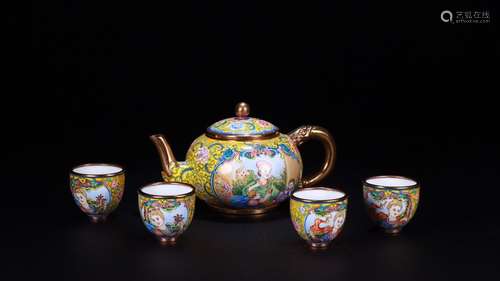 Set Of Enameled Bronze Tea Cups&Pot