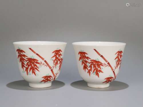 Pair Of Porcelain Red Glazed Bamboo Cups