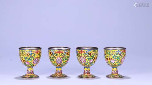 Set Of Enameled Bronze Floral Cups