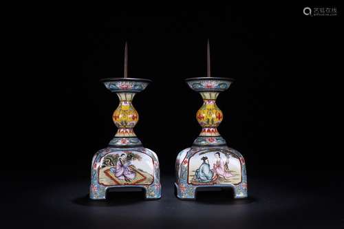 Pair Of Enameled Bronze Figure-Story Candle Holders