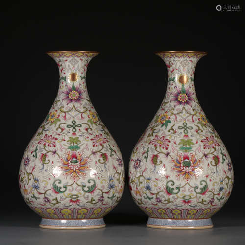 Pair Of Porcelain Famille Rose Yuhuchunping Vases With Mark