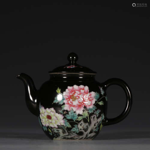 A Porcelain Black Glazed Famille Rose Floral Pot With Mark