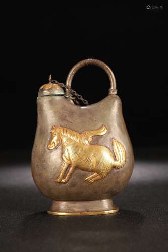 A Silver Horse Pattern Pot With Partly Gilding