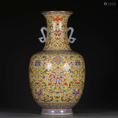 A Porcelain Yellow Glazed Famille Rose Vase With Mark