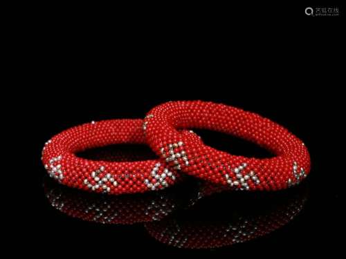 Pair Of Agarwood Bangle Embed Small Beads