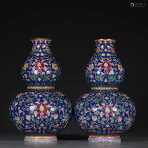 Pair Of Porcelain Blue Glazed Famille Rose Floral Gourd Vases With Mark