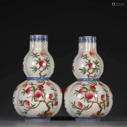 Pair Of Porcelain Famille Rose Gourd Vases With Mark