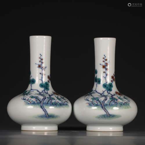 Pair Of Porcelain Doucai Floral Vases With Mark