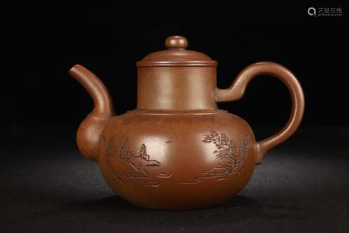 A Zisha Teapot Of Landscape Carving