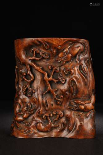 A Bamboo Tiger Carved Brush Pot