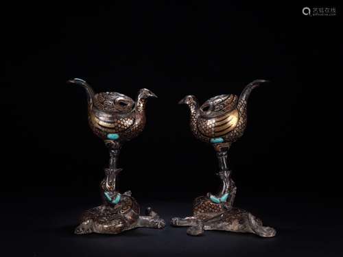 Set Of Bronze Ware With Gold&Silver Phoenix Censers