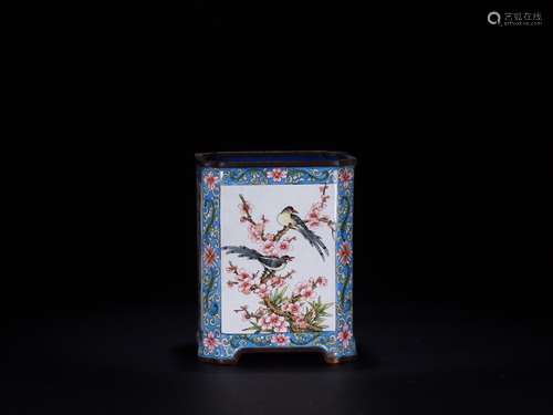 An Enameled Bronze Floral&Bird Brush Pot