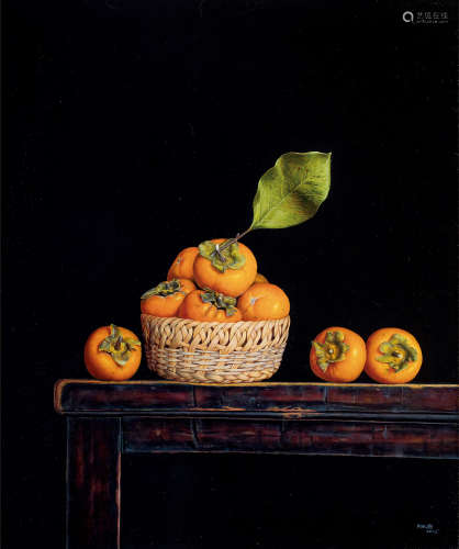 陈唐（b.1982） 2015年作 竹蓝里的柿子 布面油画
