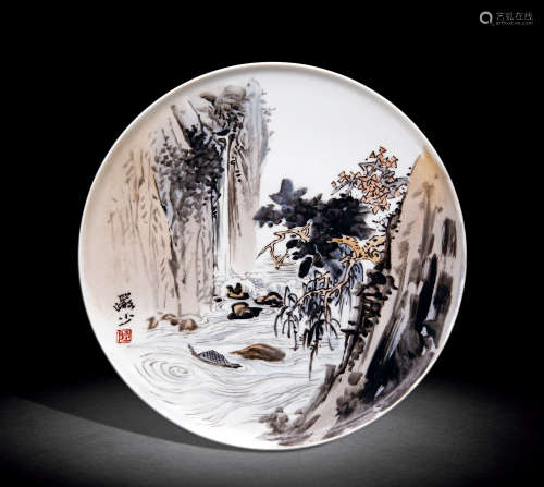 陆俨少（1909～1993） 山水 釉上彩瓷盘