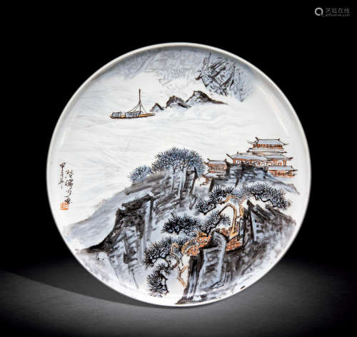 陆俨少（1909～1993） 甲子（1984）年作 山水 釉上彩瓷盘