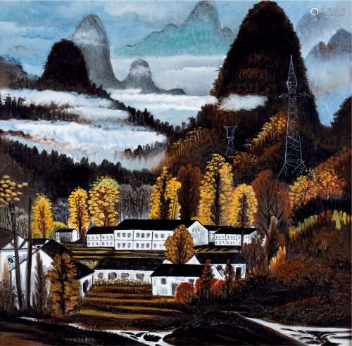 林风眠（1900～1991） 农村景色 镜框 釉上彩瓷板画