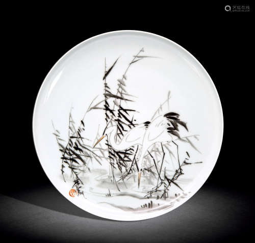 林风眠（1900～1991） 双鹭 镜框 釉上彩瓷盘