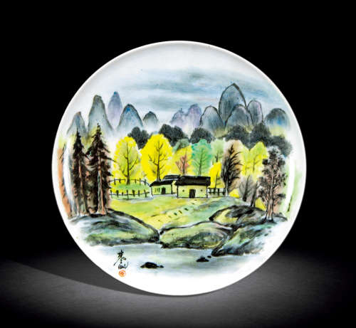 林风眠（1900～1991） 山村景色 镜框 釉上彩瓷盘
