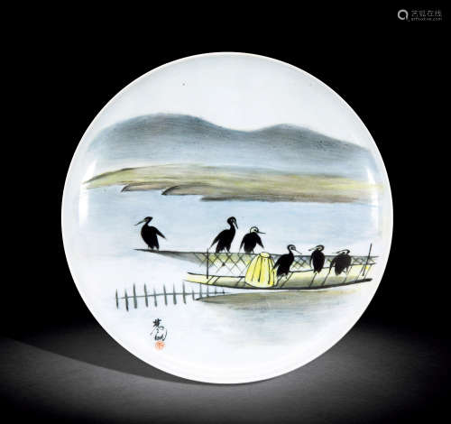 林风眠（1900～1991） 鱼鹰 镜框 釉上彩瓷盘