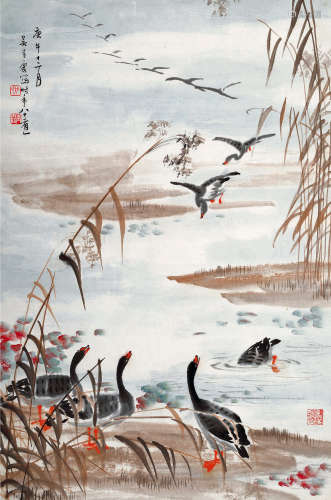 吴青霞（1910～2008） 庚午（1990）年作 芦雁 立轴 设色纸本