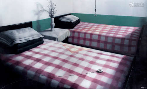 张晓刚（b.1958） 2008年作 绿墙：两张单人床 布面油画