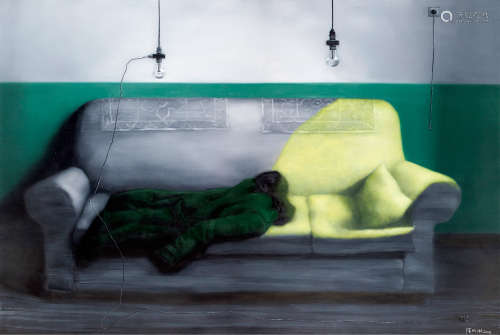 张晓刚（b.1958） 2008年作 绿墙：军大衣 布面油画
