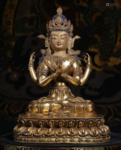 A GILT BRONZE CASTED GUANYIN BUDDHA SHAPE STATUE