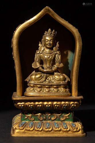 PAIR OF GILT BRONZE BUDDHA STATUE & PAGODA