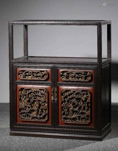 A RED WOOD FIGURE STORY PATTERN DESK WITH GOLD