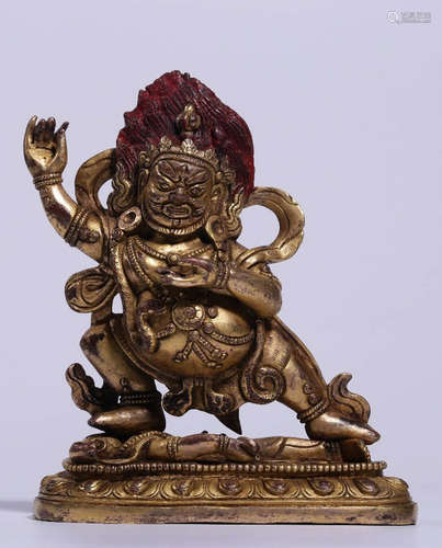 A GILT BRONZE CASTED MAHAKALA SHAPE STATUE