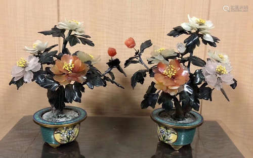 PAIR OF CLOISONNE WITH JASPER&AGATE BONSAI