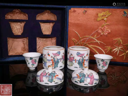 PAIR OF FAMILLE ROSE GLAZE FIGURE STORY VESSELS& CUPS