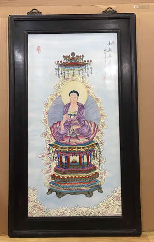 A BUDDHA PORCELAIN BOARD PAINTING BY WANG QI