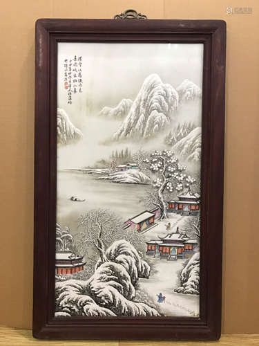 A SNOW PORCELAIN BOARD PAINTING BY HE XUREN