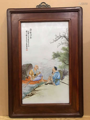 A FIGURE STORY PORCELAIN BOARD PAINTING BY WANG DAFAN