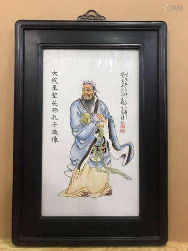 A KONG ZI PORCELAIN BOARD PAINTING BY WANG QI