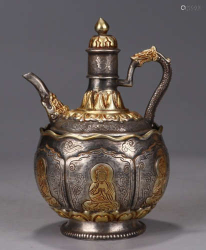 PAIR OF GILT SILVER CASTED BUDDHA PATTERN POT&CUP