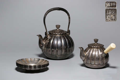 SET OF SILVER CASTED POTS&SAUCER