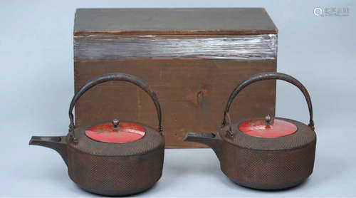 PAIR OF IRON CASTED CONTAINERS WITH LACQUER LID