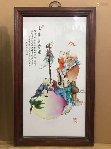 AN AUSPICIOUS PORCELAIN BOARD PAINTING BY WANG QI