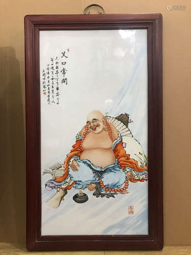 A BUDDHA PORCELAIN BOARD PAINTING BY WANG QI