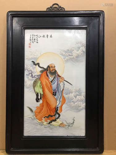 A BODHIDHARMA PORCELAIN BOARD PAINTING BY WANG QI