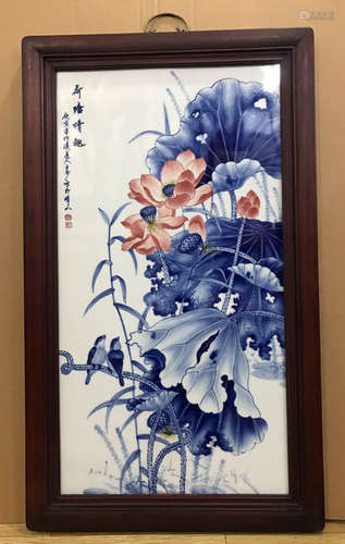 A LOTUS PORCELAIN BOARD PAINTING BY WANG BU