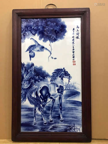 A HORSE PORCELAIN BOARD PAINTING BY WANG BU