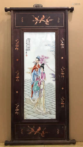 A FIGURE STORY PORCELAIN BOARD PAINTING BY WANG QI