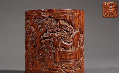 A BAMBOO CARVED POETRY PATTERN BRUSH POT