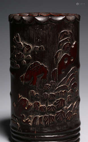 A BAMBOO CARVED LANDSCAPE PATTERN BRUSH POT