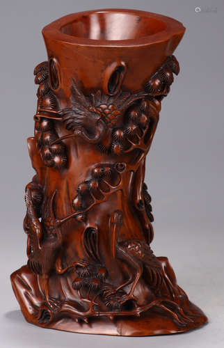 A HUANGYANG WOOD CARVED CRANE PATTERN VASE